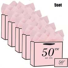 1set/3sets/5sets,Black And Pink 50th Birthday Gift Bag With Card And Tissue Paper For Men Women, Elegant Black Gold Anniversary Keepsake Party Present Shopping Paper Bags For Gifts Wrapping