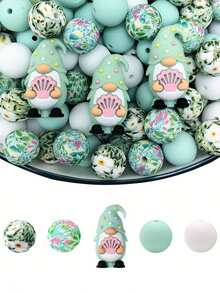 25 件硅胶珠组合 - 粉彩海滩侏儒和花卉设计工艺珠，适用于珠宝制作、DIY 手链、项链、钥匙扣 - 耐用光滑质地珠子，带有贝壳和雏菊图案，异想天开的手工工艺品用品，珠宝制作配件，钥匙扣配件，俏皮珠子设计 - 彩色 - 查看 1