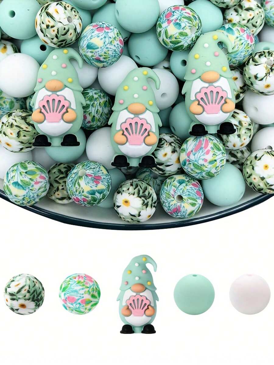 25 件硅胶珠组合 - 粉彩海滩侏儒和花卉设计工艺珠，适用于珠宝制作、DIY 手链、项链、钥匙扣 - 耐用光滑质地珠子，带有贝壳和雏菊图案，异想天开的手工工艺品用品，珠宝制作配件，钥匙扣配件，俏皮珠子设计 - 彩色 - 查看 1