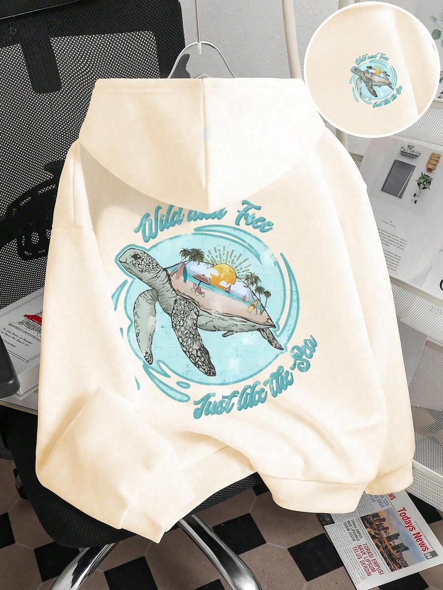 Felpa con cappuccio calda da ragazza con stampa di tartaruga marina a cartone animato