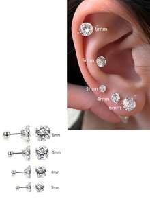 2 Stücke/Set Titanstahl hypoallergene Ohrknochenstifte mit 4-Krallen 5A Qualität Zirkonia Rundkugel Einzeldiamant Schraubverschluss Ohrringe, einfach & modisch 20G Feingewinde Ohrpiercing Schmuck