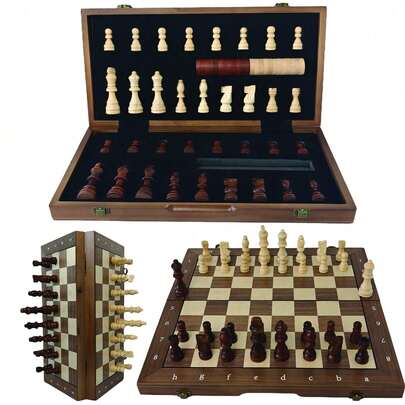 成人磁性木制国际象棋套装，15 英寸棋盘，带手工棋子，可折叠便携式旅行独特国际象棋套装游戏，适合锦标赛专业初学者