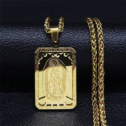 Collier pendentif médaille de la Vierge Marie, Notre-Dame de Guadalupe, pour femmes et hommes, couleur or, en acier inoxydable, chaîne pour homme. Bijou