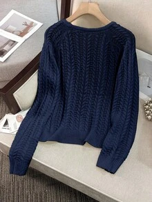 Women's Lace-Up Solid Color Cable Knit Long Sleeve Cardigan, Lightweight & Flowy, Cute Spring/Autumn Sweater - Navy Blue - View 2