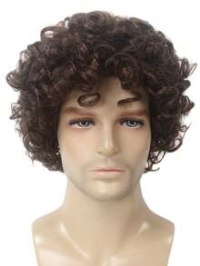 男士短款卷发波波头假发，棕色合成纤维假发，蓬松非洲卷发假发，适合角色扮演、休闲、派对、动漫角色、万圣节服装 - 棕色 - 查看 3