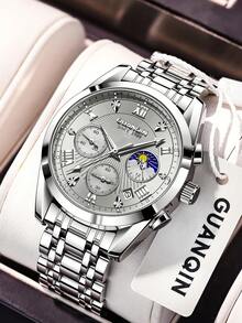 1pc GUANQIN Waterproof Luminous Watch With Rhinestones Calendar Dial Wear-Resistant Stainless Steel Strap Fashion Business Luxury Sporty Classic Simple Casual Mechanical Style Men Automatic Quartz Watch Suitable For Valentine's Day,Festivals,Dating,Business, Daily,Gifts - Silver - View 11