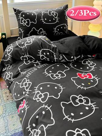 Sanrio Cute Print 2/3pcs Bedding Set - Hello Kitty/Kuromi/Cinnamoroll/Pochacco (1pc Duvet Cover + 1/2pc Pillowcase, No Filling) Cartoon Full Size, Soft & Comfortable, Suitable For Dorm, Home Bedroom, Hotel, All Seasons, With Zipper Closure And Pillowcase, Multi-Color Durable, Oversized Bedding Set, Oversized Duvet Cover