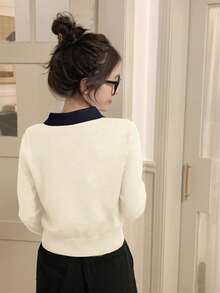 Suéter corto de mujer de manga larga con cuello de polo, de estilo coreano, de temporada otoño/invierno, delgado, de colores contrastantes