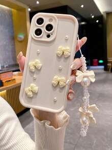 1pc Pink Bow Pearl Waist Chain Full Body Shockproof Phone Case, Compatible With IPhone 16/15 PRO MAX/15 PLUS/15 PRO/15/14 PRO MAX/14 PLUS/14 PRO/14/13 PRO MAX/13 PRO/13/12 PRO MAX/12 PRO/12 PRO MAX/11 PRO/11/XS MAX/XR/XS/7/8 PLUS, Transparent Protective Cover - Beige - View 5