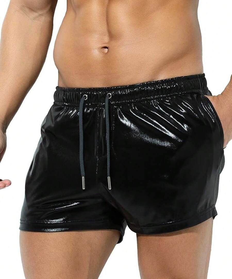 Pantalones cortos metálicos holográficos brillantes y brillantes para hombre, pantalones cortos con bolsillos y cordones para atuendo de rave - A3-negro-ck3118 - Ver 1