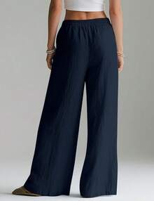 Linen Pants Women Wide Leg Palazzo Summer Flowy Beach Vacation Elastic Waist Travel Trousers With Pockets DSEF - 藏蓝色 - 查看 10