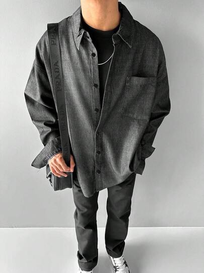 Casual American Style Black Denim Effect Loose Long Sleeve Shirt, Fall