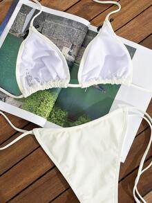 夏季性感纯色比基尼系带蝴蝶结露背泳衣套装 - 米色 - 查看 3