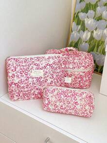 3pcs/1pc Printed Quilted Cosmetic Bag, Lightweight Travel Makeup Bag, Large Capacity Multi-Functional Cosmetic Organizer Pouch Autumn University Essentials Travel Essentials For Holiday Vacation Travel Bag For Women Makeup Organizer - Multicolor - View 6