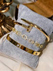 3 件套奢华不锈钢水钻三叶草和星星手链套装，复古风格女士珠宝套装，适合日常佩戴、送礼、派对、时尚圣诞礼物 - 金色 - 查看 16