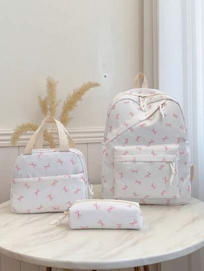 3pcs Nylon Bow Print Backpack Set, Foldable Multi-Pocket Large Capacity Waterproof Zipper Backpack, Suitable For Teenagers, High School Students, College Students, Ladies For Daily Use, Commuting, Travel, Valentine's Day Gift