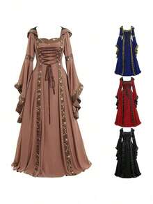 Medieval Retro Hooded Square Neck Solid Color Fine Lace Trumpet Sleeves Big Swing Dress, One Piece Hair Replacement - Màu Khaki - Xem 1
