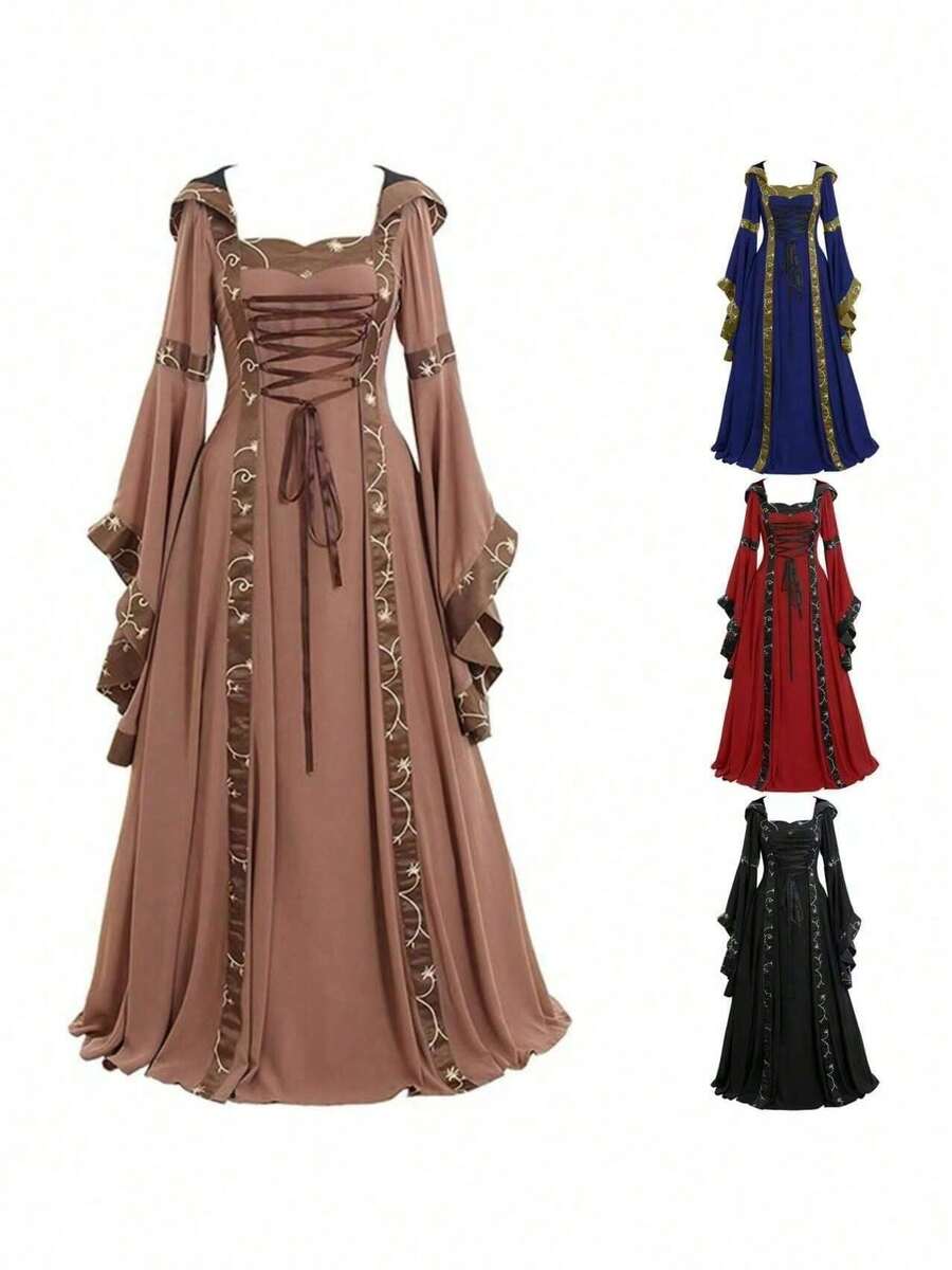 Medieval Retro Hooded Square Neck Solid Color Fine Lace Trumpet Sleeves Big Swing Dress, One Piece Hair Replacement - Màu Khaki - Xem 1
