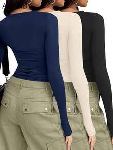 3 chiếc áo phông cơ bản dài tay tối giản dành cho nữ, mùa thu/đông - Nhiều màu - Xem 5