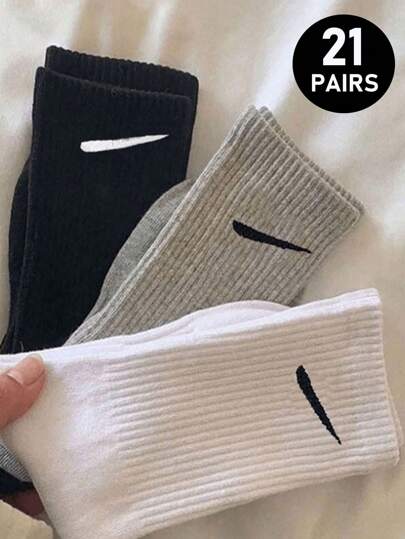 3/6/9/21 Pairs Of Women's Black, White, Gray Fashion Slash Mid-Calf Casual Socks, Summer Women's Socks Halloween & Christmas Xmas Gifts