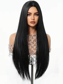 Temperament 26-Inch Mid-Section Black Long Straight Synthetic Heat-Resistant Fiber Wednesday Wig Women's Wig Perfect For Holiday Party Daily Wear - Black - View 5