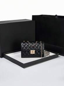 Metal Clasp Square Quilted Chain Flap Handbag - Black - View 2