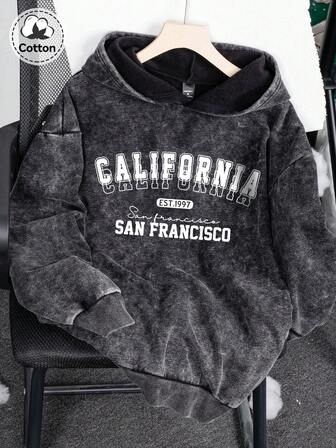 Höst- och vintertopp med rund halsringning och kaliforniskt mönster för män, lätt stretchig passform, tvättad och sliten svart bomullströja med långa ärmar, avslappnad och vardaglig hoodie för skolstart