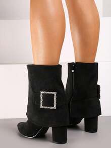 Ankle Boots mit Absatz, umgeschlagenem Schaft und Strass - Schwarz - Übersicht 4