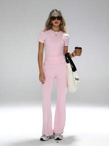 Áo cổ tròn cổ điển, thiết kế tôn eo, dáng ống loe, bộ đồ phối hợp đa năng, cạp cao có dây rút bên trong, #Phong cách thường ngày #Thoải mái cả ngày #Phong cách cổ điển, bộ đồ tập luyện cơ bản, trang phục yoga định hình vòng bụng, quần cạp hai lớp, bộ quần legging ống loe, áo thun cổ tròn ôm sát và quần yoga ống loe, bộ 2 món thiết yếu cho nữ màu hồng mùa hè - Hồng - Xem 6