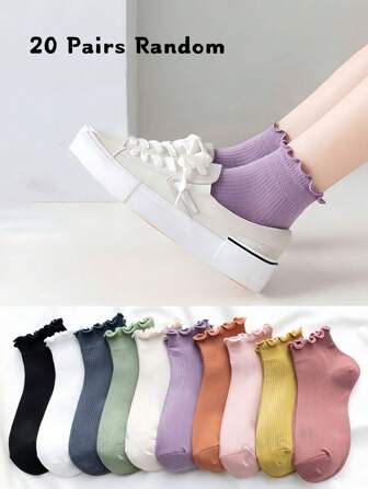4/10 Pairs Random Lace Edge Women's Socks, Thin Fashion Ankle Socks For Spring/Summer, Soft & Breathable Christmas Gift