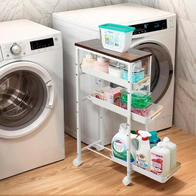 Slim Laundry Small Rolling Cart Organizer With Wood Top 5 Tier Rolling Storage Cart With PullOut Drawers Metal Narrow Bathroom Storage Between Washer And Dryer Storage Cart White