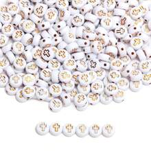 200/600Pcs 6mm Square/7mm Flat Round Acrylic Beads Cross Pattern Beads Loose Spacer Beads For Jewelry Making DIY Bracelets Accessories - 白底金字/扁圓 - 查看 3