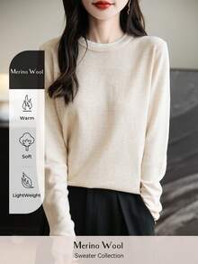 Women's Crew Neck Merino Wool T Shirt Fall Classic Vintage Cable Warm Long Sleeve Knit Tops - Beige - View 4