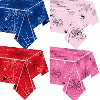 1/3pcs Disposable Plastic Spider Web Tablecloth - Blue & Red Halloween Party Decor, Rectangular Tablecloth With Realistic Web Design, Suitable For Theme Parties, Gift Tables, Indoor/Outdoor Events, Holiday Dining, Festival Table Decoration, Easy To Clean Material