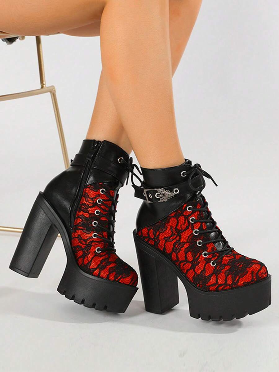 Y2K Goth Platform Ankle Boots For Women Fashion Block Chunky High Heels Punk Buckle Lace-Up Side Zipper Party Cosplay Boots Woman - Đỏ - Xem 1