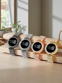 2pcs New Square Circular Set LED Temperament Electronic Watch For Girls And Students, Light Luxury Full Diamond Fashion Versatile Touch Digital Electronic Watch For Women, Gift Set - Black - View 3