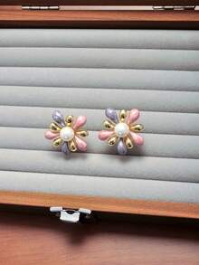 1 par de elegantes pendientes de mujer con diseño de fuegos artificiales vintage esmaltados, con perlas incrustadas, adecuados para uso diario - fuegos artificiales - Ver 8