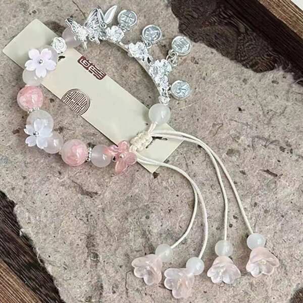 1pc New Elegant Chinese Style Pink Floral Auspicious Beaded Adjustable Bracelet, High-End Women Jewelry Accessory