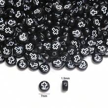 200/600Pcs 6mm Square/7mm Flat Round Acrylic Beads Cross Pattern Beads Loose Spacer Beads For Jewelry Making DIY Bracelets Accessories - Nền đen với chữ trắng/Oblate - Xem 5