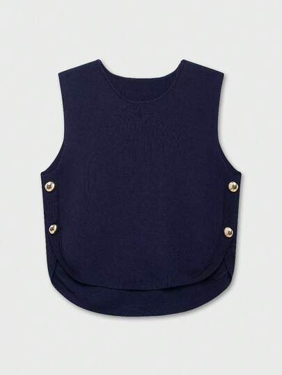 Chaleco de punto con decoración de botones laterales, cuello redondo, estilo minimalista y versátil, para mujer, apto para uso casual, de negocios o vuelta al colegio, cómodo y de moda, para otoño/invierno
