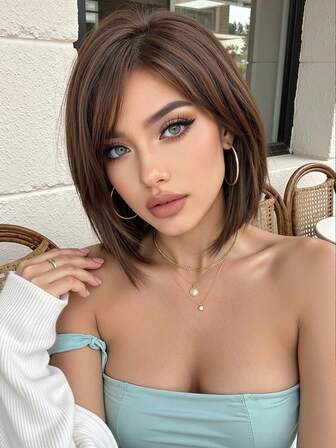 优雅、可爱、时尚的鲍勃假发，14 英寸深棕色短鲍勃假发，带刘海，耐热合成假发，适合角色扮演演员，适合节日、旅行、度假、派对和其他日常佩戴的假发，完美的万圣节礼物