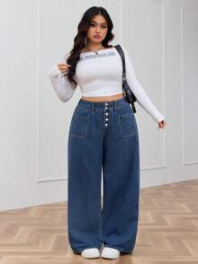 Dark Blue Wash Front Button Straight Leg Plus Size Boyfriend Jeans Elegant Daily Casual Outfit For Women High Waisted Long Pants Summer