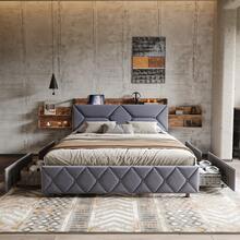 Cama doble 140/160x200 cm, estructura de cama con cabecero con canapé y 4 cajones, somier de láminas, cama doble para adolescentes, adultos, (lino gris)