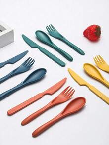 4件套可重复使用旅行餐具套装，带收纳盒，便携式塑料叉勺刀，露营餐具套装，成人午餐餐具，户外野餐餐具，厨房用具，学习用品，返校季 - 彩色 - 查看 3