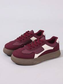 女式复古厚底系带休闲运动鞋，春秋季 - 酒紅色 - 查看 4