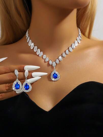 3pcs/Set Water Drop Earrings & Necklace Jewelry Set, Fashionable For Women To Wear On Engagement, Wedding, Party, Banquet Occasions