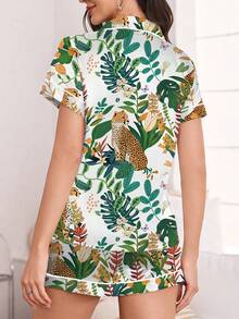 Set de 2 piese pentru femei cu imprimeu leopard și pijamale romantice casual - tricou cu mânecă scurtă și pantaloni scurți cu talie elastică