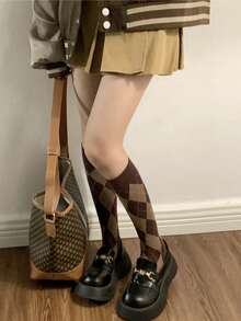 1/3 Paia di calze a metà polpaccio o al polpaccio con motivo a diamante per donne, calze a compressione modellanti in puro cotone stile JK scolastico, adatte per l'autunno/inverno per uso quotidiano, calze calde e confortevoli - Caffè Marrone - Visualizzare 4