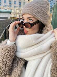 1pc Solid Color Scarf, Winter Warm Neck, Thickened Wool Knitted Thick Fringed Shawl, Winter Scarf