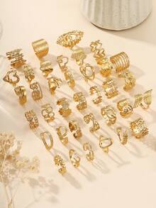 24 chiếc nhẫn thép không gỉ thời trang cổ điển màu vàng áp suất dầu nhiều kiểu dáng, kiểu dáng nhẫn ngẫu nhiên, kích thước ngón tay là một kích thước, thích hợp cho trang phục hàng ngày của phụ nữ hoặc làm quà tặng - Vàng - Xem 2